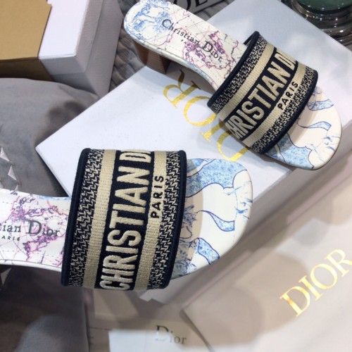 Dior Women Shoes DWAY HEELED SLIDE Embroidered Cotton Luxury Brand Womens Sandals Slippers with Original Box KCQ244ERC_S56B