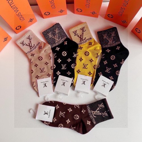 Louis Vuitton Socks 5 Pairs with Original Box Luxury Brand Breathable LV Sock   