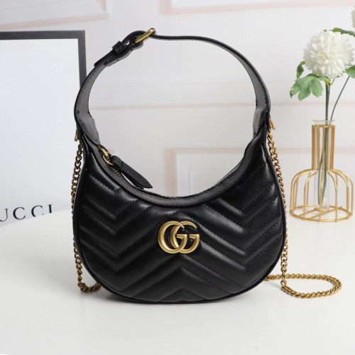 Gucci Womens Bags Shoulder HandBags Luxury Brand Gucci GG Marmont half-moon-shaped mini bag in black leather with Original Box 699514 DTDHT 1000