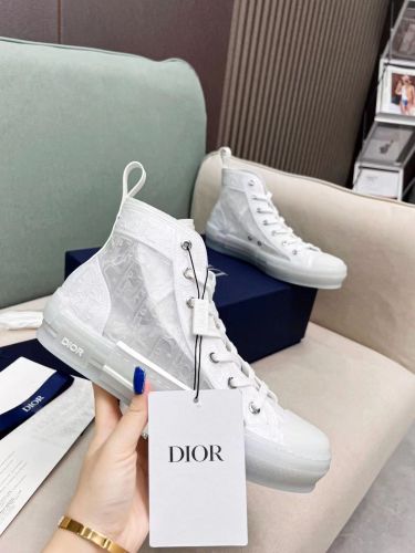Dior Mens Shoes Sneakers Casual Luxury Brand B23 HIGH-TOP SNEAKER Transparent Canvas with White Raised Dior Oblique Motif with Original Box 3SH129ZOO_H060