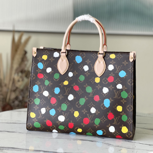 Louis Vuitton Womens Bags Handbags Luxury Brand Louis Vuitton LV X YK ONTHEGO MM​ Monogram coated canvas with 3D Painted Dots print M46379