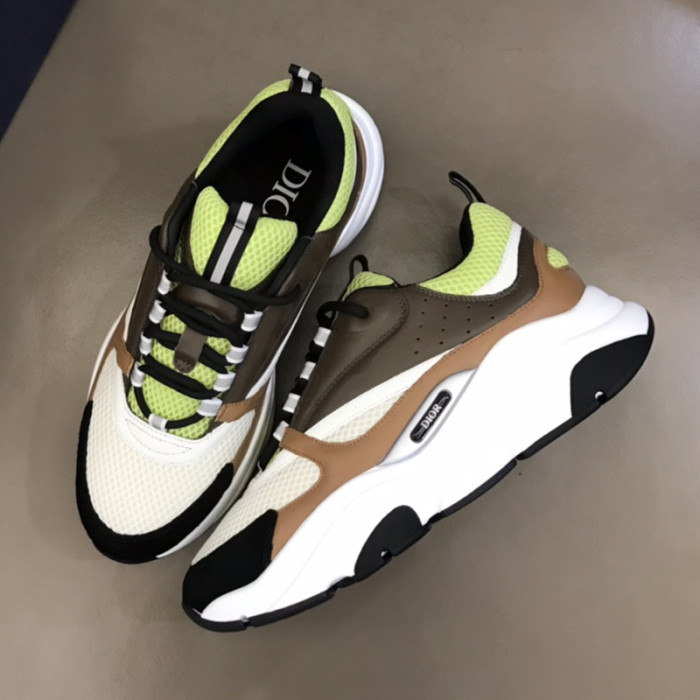 Dior Womens Shoes Sneakers Luxury Brand Breathable Design B22 SNEAKER Green and White Technical Mesh with Ebony and Camel Smooth Calfskin with Original Box 3SN231YRK_H766