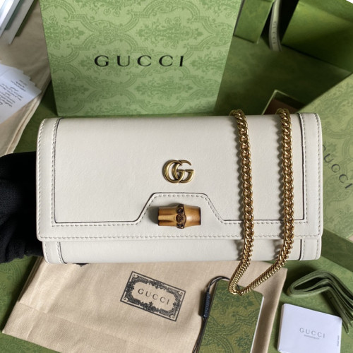 Gucci Womens Mens Bags Wallets Luxury Brand Gucci Diana chain wallet with bamboo in white leather with Original Box 658243 17Q0T 9022