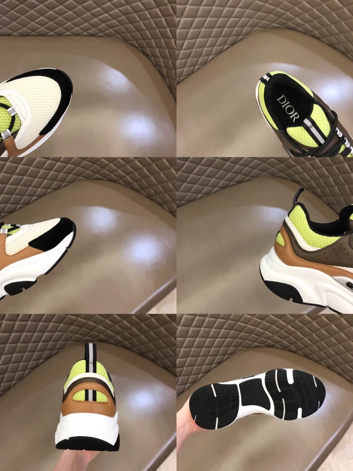 Dior Womens Shoes Sneakers Luxury Brand Breathable Design B22 SNEAKER Green and White Technical Mesh with Ebony and Camel Smooth Calfskin with Original Box 3SN231YRK_H766
