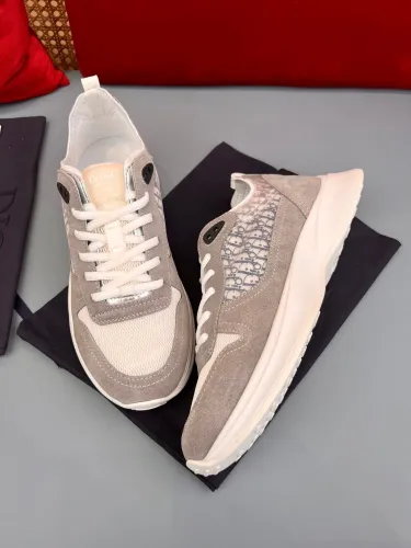 Dior Mens Shoes Luxury Sneakers B25 RUNNER SNEAKER Gray Suede and White Technical Mesh with Blue and White Dior Oblique Canvas with Original Box 3SN283ZMI_H865