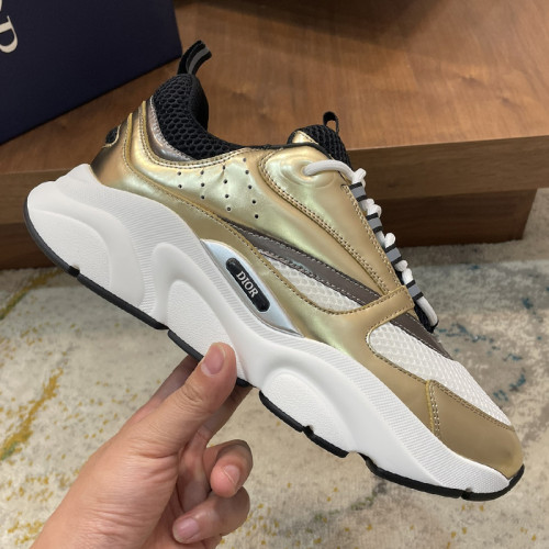 Dior Mens Shoes Sneakers Luxury Brand Breathable Design B22 SNEAKER White and Black Technical Mesh with Gold-Tone Laminated Calfskin with Original Box  