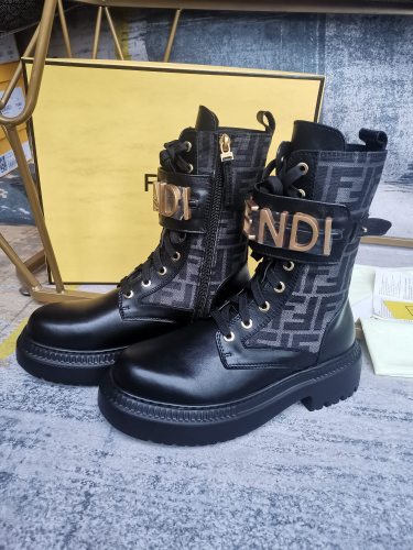 Fendi Womens Shoes Fashion Boots Luxury Brand Fendi Fendigraphy Black leather biker boots with Original Box 8T8355AKY6F1H1K