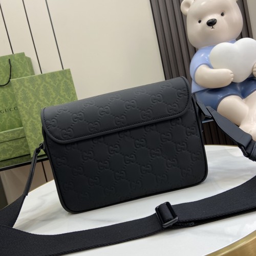 Gucci Mens Bags Shoulder Messenger Bag Luxury Brand GG crossbody bag in black rubber-effect leather with Original Box 775097 AAC4D 1000