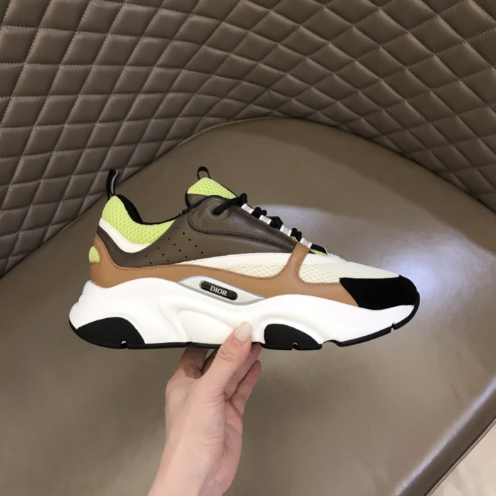 Dior Womens Shoes Sneakers Luxury Brand Breathable Design B22 SNEAKER Green and White Technical Mesh with Ebony and Camel Smooth Calfskin with Original Box 3SN231YRK_H766