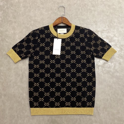 Gucci Womens Knit Cardigan Luxury Brand Womens Knitwear Top Quality 526759 X9W83 4921 Blue / Gold Cotton Lamé GG é Top