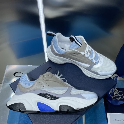 Dior Mens Shoes Sneakers Luxury Brand Breathable Design B22 SNEAKER White and Blue Technical Mesh and Gray Calfskin with Original Box 3SN231YXX_H865