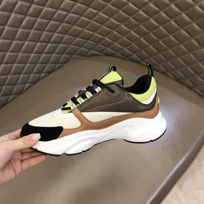 Dior Womens Shoes Sneakers Luxury Brand Breathable Design B22 SNEAKER Green and White Technical Mesh with Ebony and Camel Smooth Calfskin with Original Box 3SN231YRK_H766