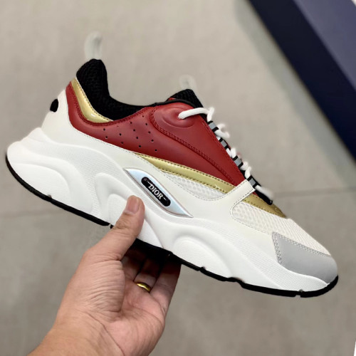 Dior Mens Shoes Sneakers Luxury Brand Breathable Design B22 SNEAKER White and Black Technical Mesh with Burgundy, White and Gold-Tone Calfskin with Original Box  
