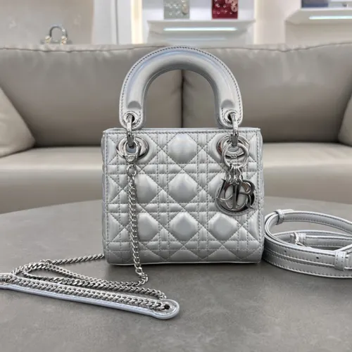 Dior Womens Bags Handbags Luxury Fashion Mini Lady Dior Bag Metallic Silver-Tone Cannage Calfskin with Original Box  