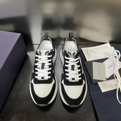 Dior Mens Shoes Luxury Sneakers B25 RUNNER SNEAKER Dior Gray and White Smooth Calfskin with Beige and Black Dior Oblique Jacquard with Original Box  