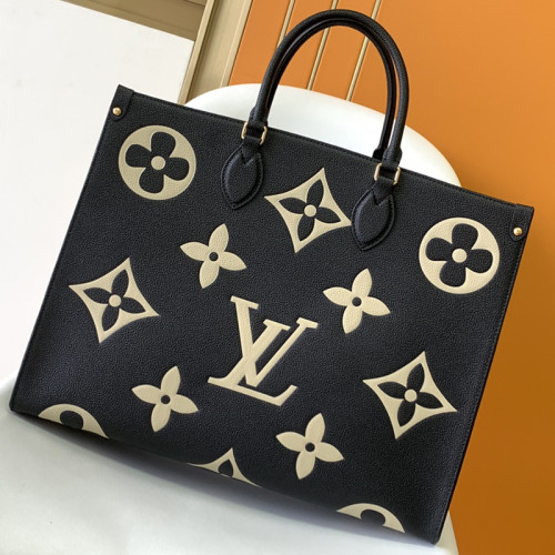 Louis Vuitton Womens Bags Handbags Luxury Brand Louis Vuitton ONTHEGO GM M45945 Handbags for Women Black / Beige Embossed supple grained cowhide leather