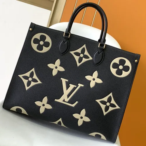Louis Vuitton Womens Bags Handbags Luxury Brand Louis Vuitton ONTHEGO GM M45945 Handbags for Women Black / Beige Embossed supple grained cowhide leather