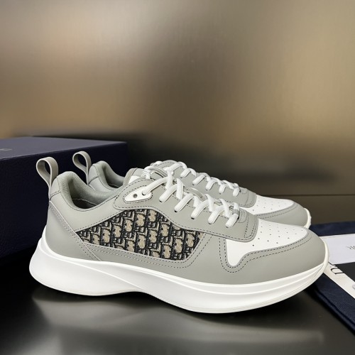 Dior Mens Shoes Luxury Sneakers B25 RUNNER SNEAKER Dior Gray and White Smooth Calfskin with Beige and Black Dior Oblique Jacquard with Original Box  