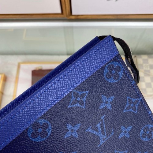Louis Vuitton Mens Bags Clutch Luxury Brand Fashion Type POCHETTE VOYAGE MM M30423 with Original Box Pacific Blue Taiga cowhide leather and Monogram Eclipse coated canvas