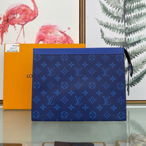 Louis Vuitton Mens Bags Clutch Luxury Brand Fashion Type POCHETTE VOYAGE MM M30423 with Original Box Pacific Blue Taiga cowhide leather and Monogram Eclipse coated canvas