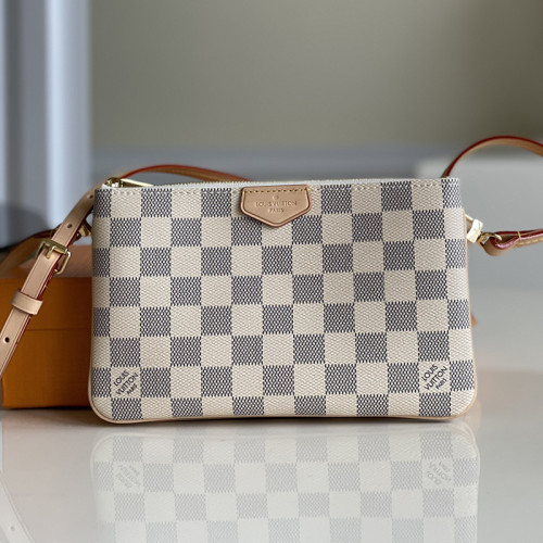 Louis Vuitton Womens Bags Clutch Wallets Luxury Brand Fashion Shoulder Bags DOUBLE ZIP POCHETTE with Original Box N60460 Damier Azur coated canvas and natural cowhide leather
