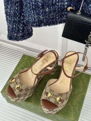 Gucci Womens Shoes Slippers 11cm High Heel Gucci Luxury Brand WOMEN'S HORSEBIT FLATFORM SANDAL with Original Box  