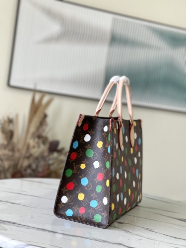 Louis Vuitton Womens Bags Handbags Luxury Brand Louis Vuitton LV X YK ONTHEGO MM​ Monogram coated canvas with 3D Painted Dots print M46379