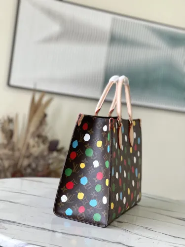 Louis Vuitton Womens Bags Handbags Luxury Brand Louis Vuitton LV X YK ONTHEGO MM​ Monogram coated canvas with 3D Painted Dots print M46379