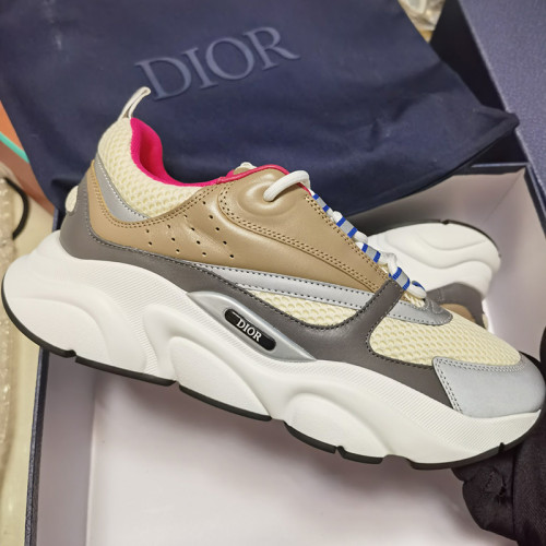 Dior Mens Shoes Sneakers Luxury Brand Breathable Design B22 SNEAKER Beige Technical Mesh with Deep Gray and Brown Smooth Calfskin with Original Box  