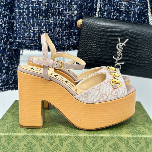 Gucci Womens Shoes Slippers 11cm High Heel Gucci Luxury Brand WOMEN'S HORSEBIT FLATFORM SANDAL with Original Box  