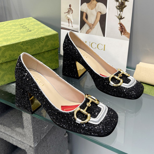 Gucci Womens Shoes Pumps Luxury Brand Women's Mid-Heel Pump With Horsebit In Leather 7.5cm Heel with Original Box 694855 BNC00 5815