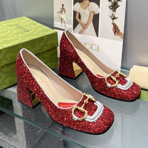 Gucci Womens Shoes Pumps Luxury Brand Women's Mid-Heel Pump With Horsebit In Leather 7.5cm Heel with Original Box 694855 BNC00 5815