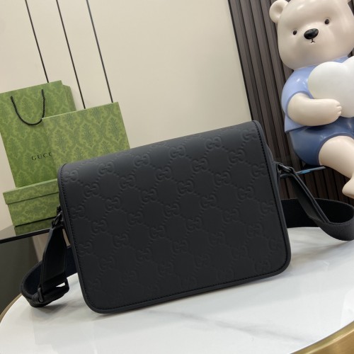 Gucci Mens Bags Shoulder Messenger Bag Luxury Brand GG crossbody bag in black rubber-effect leather with Original Box 775097 AAC4D 1000