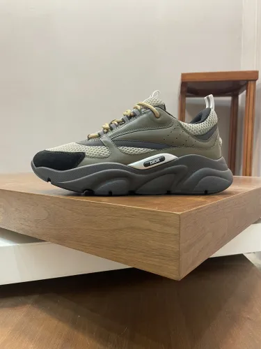 Dior Mens Shoes Sneakers Luxury Brand Breathable Design B22 SNEAKER Khaki and Black Technical Mesh and Khaki Calfskin with Original Box  