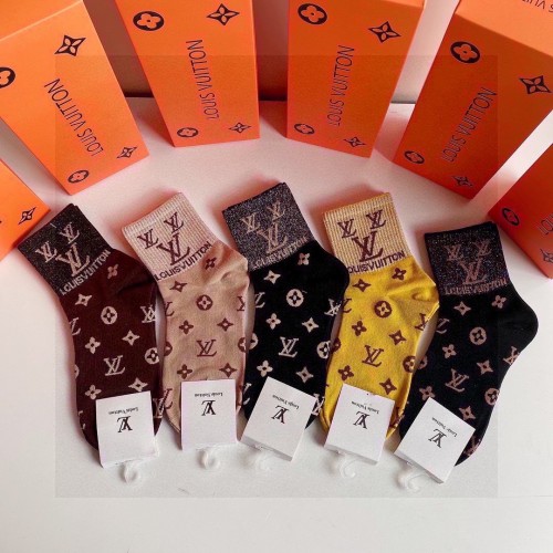 Louis Vuitton Socks 5 Pairs with Original Box Luxury Brand Breathable LV Sock   