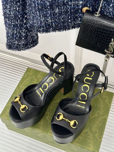 Gucci Womens Shoes Slippers 11cm High Heel Gucci Luxury Brand WOMEN'S HORSEBIT FLATFORM SANDAL with Original Box  