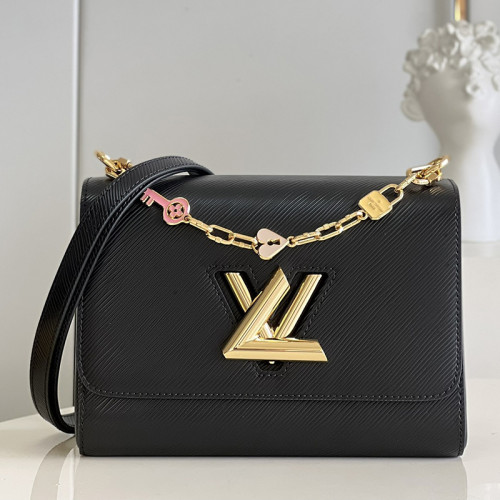 Louis Vuitton Womens Bags Shoulder Messenger Bags Luxury Brand TWIST MM M20834 with Original Box Black Epi grained leather