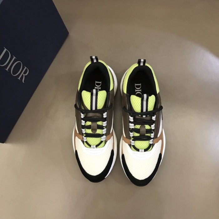 Dior Womens Shoes Sneakers Luxury Brand Breathable Design B22 SNEAKER Green and White Technical Mesh with Ebony and Camel Smooth Calfskin with Original Box 3SN231YRK_H766