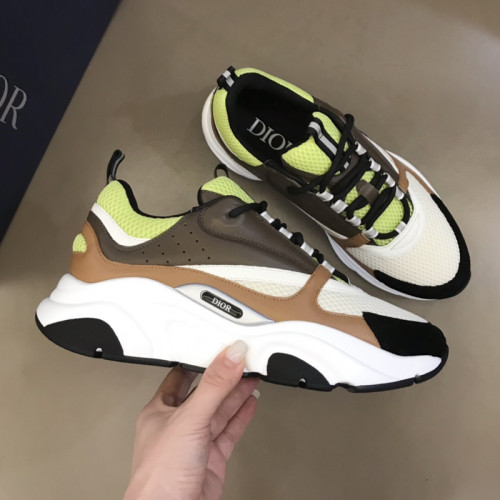 Dior Womens Shoes Sneakers Luxury Brand Breathable Design B22 SNEAKER Green and White Technical Mesh with Ebony and Camel Smooth Calfskin with Original Box 3SN231YRK_H766