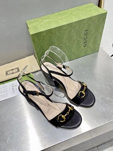 Gucci Womens Shoes Slippers Sandals Summer Design Luxury Brand Black Leather Mid-Heel Sandal with Original Box 453379 A3N00 1000