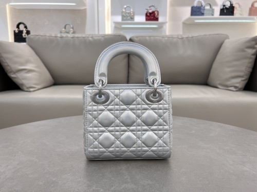 Dior Womens Bags Handbags Luxury Fashion Mini Lady Dior Bag Metallic Silver-Tone Cannage Calfskin with Original Box  