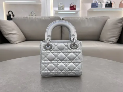 Dior Womens Bags Handbags Luxury Fashion Mini Lady Dior Bag Metallic Silver-Tone Cannage Calfskin with Original Box  