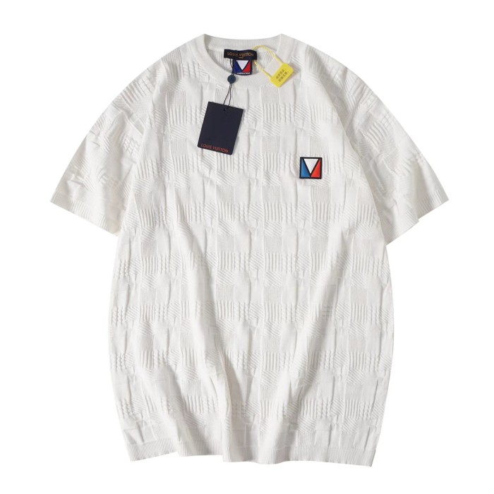 Louis Vuitton Luxury Brand Men Womens Short Sleeve T-Shirt Damier Jacquard Short-Sleeved Cotton Crewneck 1AFVRT   