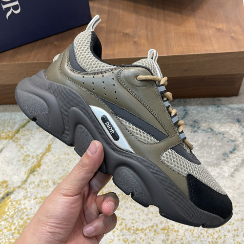 Dior Mens Shoes Sneakers Luxury Brand Breathable Design B22 SNEAKER Khaki and Black Technical Mesh and Khaki Calfskin with Original Box  