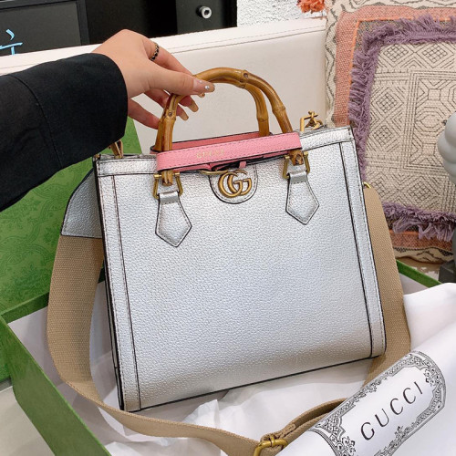 Gucci Womens Bags Shoulder Handbag Luxury Brand Gucci Diana mini tote bag in silver leather 702732 1TRGT 8190