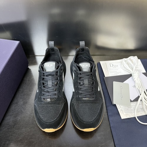 Dior Mens Shoes Luxury Sneakers B25 RUNNER SNEAKER Dior Gray and White Smooth Calfskin with Beige and Black Dior Oblique Jacquard with Original Box  