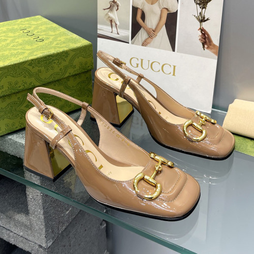 Gucci Womens Shoes Sandals Summer Design Luxury Brand Women's mid-heel slingback with Horsebit in leather with Original Box Whatsapp 
