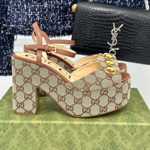 Gucci Womens Shoes Slippers 11cm High Heel Gucci Luxury Brand WOMEN'S HORSEBIT FLATFORM SANDAL with Original Box  
