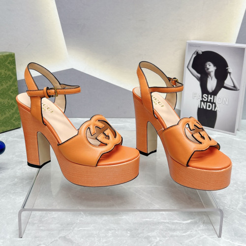 Gucci Womens Shoes Sandals 12cm Heel Luxury Brand with Original Box 730022 US000 7519 Women's Interlocking G sandal in orange leather Whatsapp 