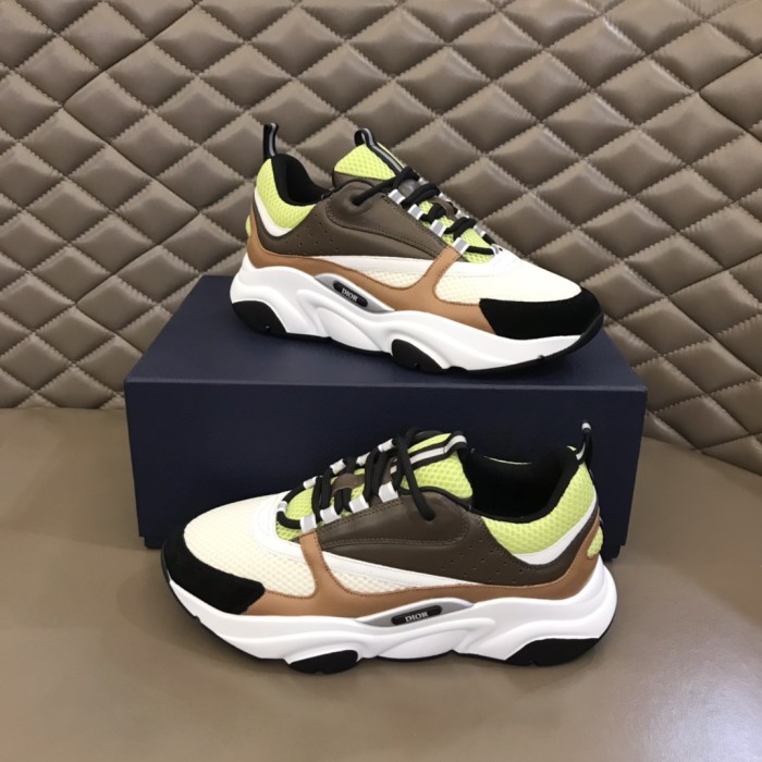 Dior Womens Shoes Sneakers Luxury Brand Breathable Design B22 SNEAKER Green and White Technical Mesh with Ebony and Camel Smooth Calfskin with Original Box 3SN231YRK_H766